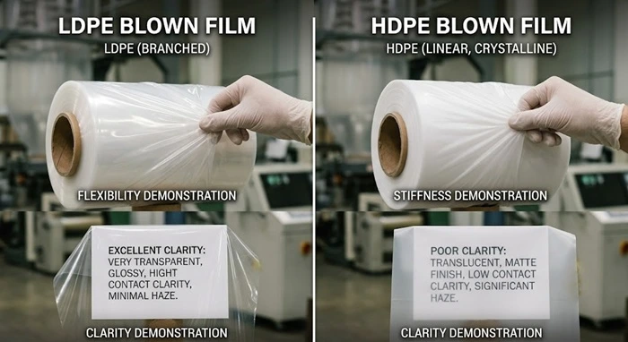 side-by-side comparison of LDPE and HDPE blown film flexibility and clarity